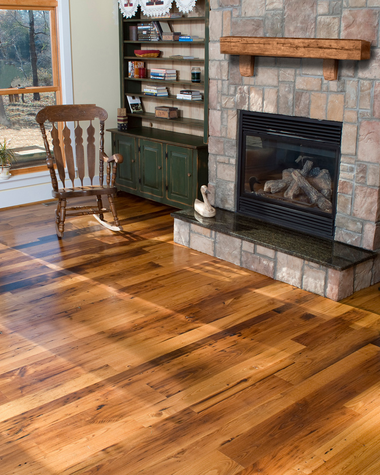 Antique Chestnut Flooring (site-finished) and Mantel with Corbels